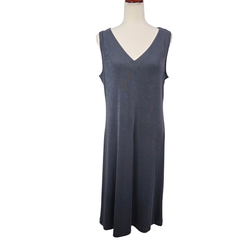 Chicos Womens Blue Gray Sleeveless Sheath Tank Midi Dress  L V Neck Knit Casual